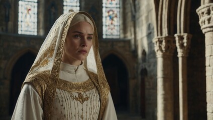 nun in white clothes in a medieval church