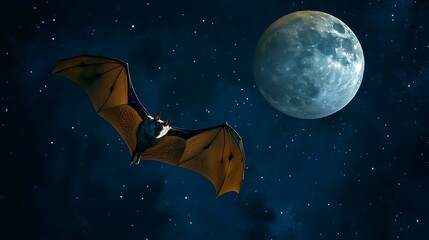 A bat flying across the night sky with a large moon in the background