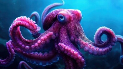 A large purple octopus with a blue eye is swimming in the ocean