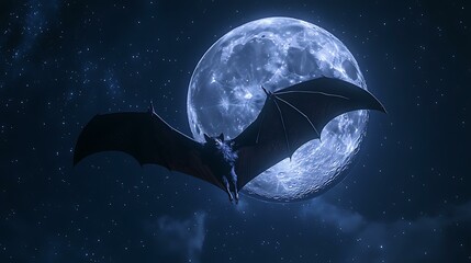 A bat flying across the night sky with a large moon in the background