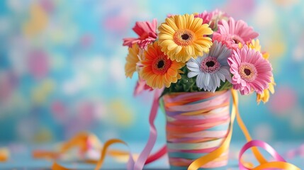 Wall Mural - Colorful Gerbera Daisy Bouquet with Vibrant Ribbons