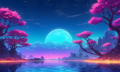 beautiful wallpaper with setting blue moon and pink trees on sides, japanese style beautiful smooth background