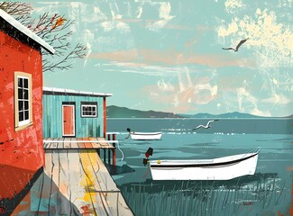 Seascape Illustration With Two Boats and a Wooden Hut