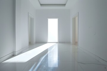 Poster - White Interior Hallway with Sunlight Shining Through Open Door