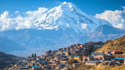 Canvas Print - Mountain Village with Stunning Snow-Capped Peak