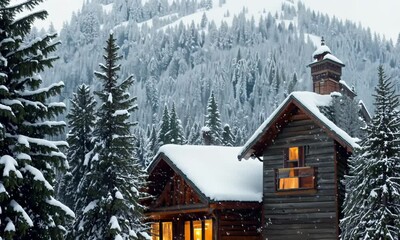 Canvas Print - Snowflakes falling softly on a mountain lodge.  Video