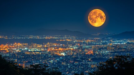 Poster - City skyline at night with full moon