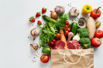 Poster - A paper bag full of fresh vegetables, meat and fruits on white background.