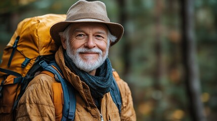 Wall Mural - portrait of senior tourist hiker standing in nature copy space