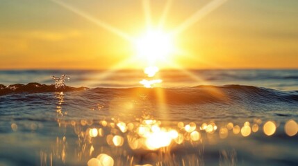 Wall Mural - A bright sun rising over a serene sea, casting rays of light that sparkle on the water's surface, creating a peaceful vibe.