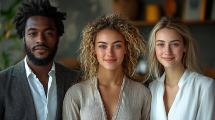 portrait of young businesspeople standing indoors in office looking at camera