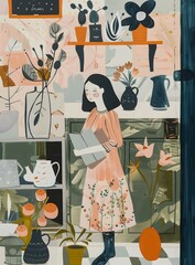 Wall Mural - Woman in a Floral Dress Holding a Book in a House with Plants