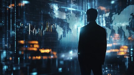 Wall Mural - A futuristic financial graph with digital elements, overlaid on a businessman silhouette in a dark, tech-driven environment