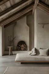 Wall Mural - Minimalist Living Room with Fireplace and Wooden Beams