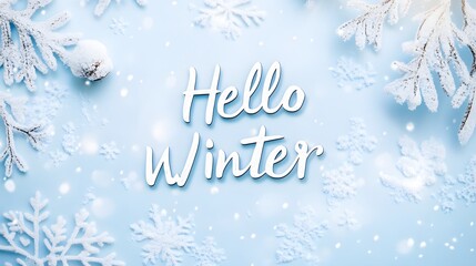 Canvas Print - Hello Winter! White lettering on a blue background with snowflakes and winter branches.