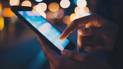 Wall Mural - Close-up of a Person's Hand Using a Smartphone at Night