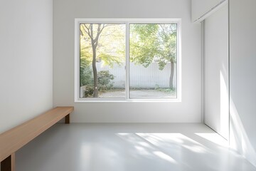 Poster - Minimalist Room Interior with Wooden Bench and Large Window