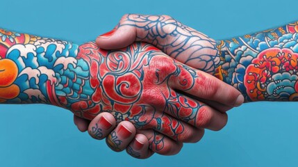 Poster - A man with colorful tattoos shaking hands over a blue background, AI