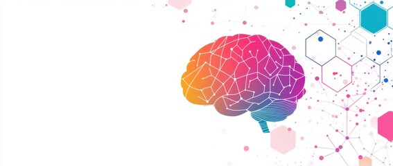 Wall Mural - a colorful brain with hexagons and neural connections on a white background for ai technology or men