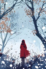 Sticker - Winter Landscape With A Woman In A Red Coat