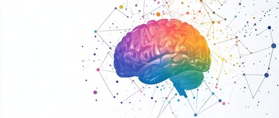 A colorful illustration of an abstract brain with neural connections, set against a white background with geometric hexagons and dots Generative AI