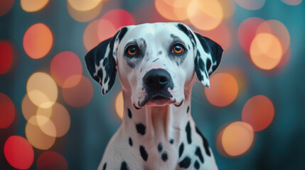 Energetic and fun Happy Dalmatian with spots on bokeh background with space for text. copy space The concept of the AI ​​dog generation