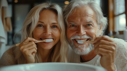 Wall Mural - senior couple in bathroom brushing teeth and washing morning routine concept