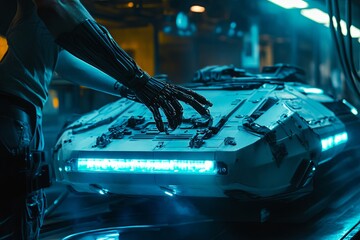 Person with Bionic Arms Maintaining Futuristic Hover-Tank in Neon-Lit Repair Bay with Advanced Tools