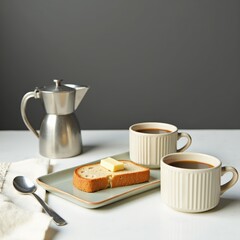 Two cups of coffee with a slice of buttered bread, a silver coffee pot, and a spoon on a white table.