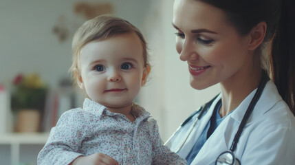 A smiling female doctor in medical attire holds a happy toddler in a healthcare setting, highlighting child-friendly medical care.