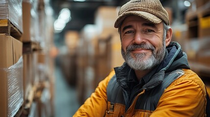 Wall Mural - senior male warehouse worker unloading boxes from a pallet truck