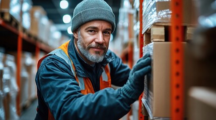 Poster - senior male warehouse worker unloading boxes from a pallet truck