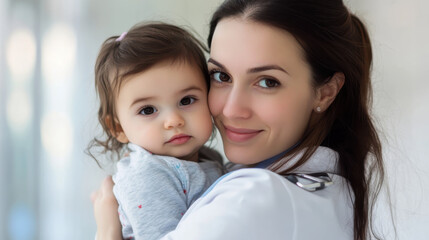 A smiling female doctor in medical attire holds a happy toddler in a healthcare setting, highlighting child-friendly medical care.