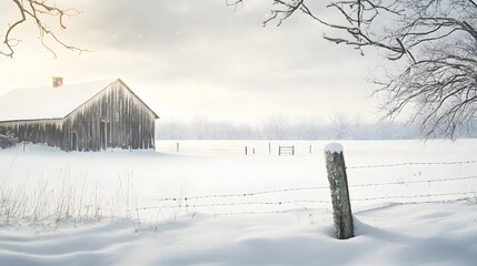 A weathered wooden barn sits in a snow-covered field, a fence post in the foreground.