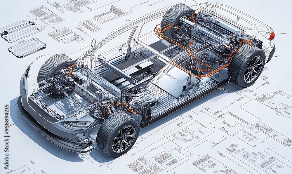 3D Render of a Car's Internal Structure and Wiring Diagram on Blueprint