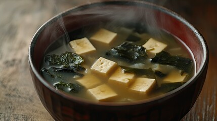 Flat lay of a steaming bowl of Japanese miso soup with tofu and seaweed. Copy space available.