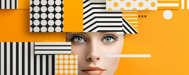 Poster - Abstract portrait featuring a face surrounded by geometric patterns in black, white, and orange, creating a striking visual impact.