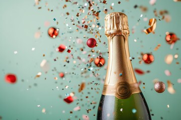 Champagne Bottle with Confetti and Ornaments on Light Green Background