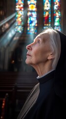 A Serene Elderly Woman Gazing Upwards in a Sunlit Cathedral