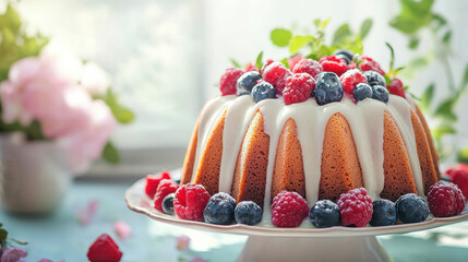 A beautifully decorated bundt cake with glossy white icing garnished with fresh raspberries and blueberries captured in natural sunlight on a festive table setting.