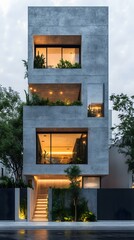 Poster - Modern Concrete House with Minimalist Design and Green Plants