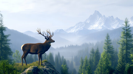 Wall Mural - A majestic red deer with large antlers stands on a rocky outcrop overlooking a misty valley in a mountainous landscape.