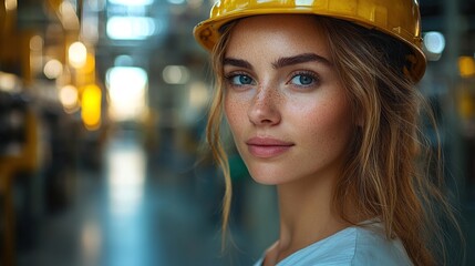 Wall Mural - side view of a female chief engineer in modern industrial factory looking at camera