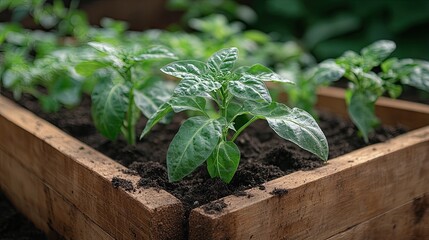 small bell pepper plant growing in raised vegetable garden bed