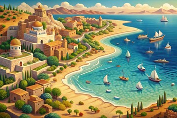 Detailed illustration of the Mediterranean Sea's coastline and surrounding countries, featuring intricate borderlines, geographical landmarks, and subtle water textures in a warm