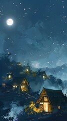 Sticker - Night Sky Stars Illustration with Moon and Cozy Houses