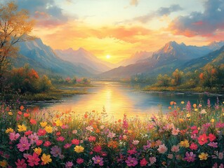 A vintage painting style beautiful landscape with mountains and river, colorful sky, colorful flower near the river, The sun is on the sky, Give a feeling of relaxation.