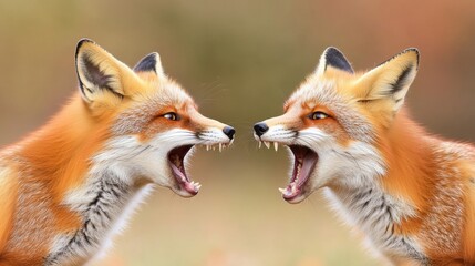 Canvas Print - Two foxes are facing each other with their mouths open, AI