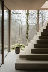 Canvas Print - Minimalist Modern Home Design Staircase with Forest View