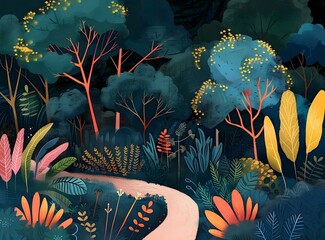 Wall Mural - Colorful Forest Path Illustration